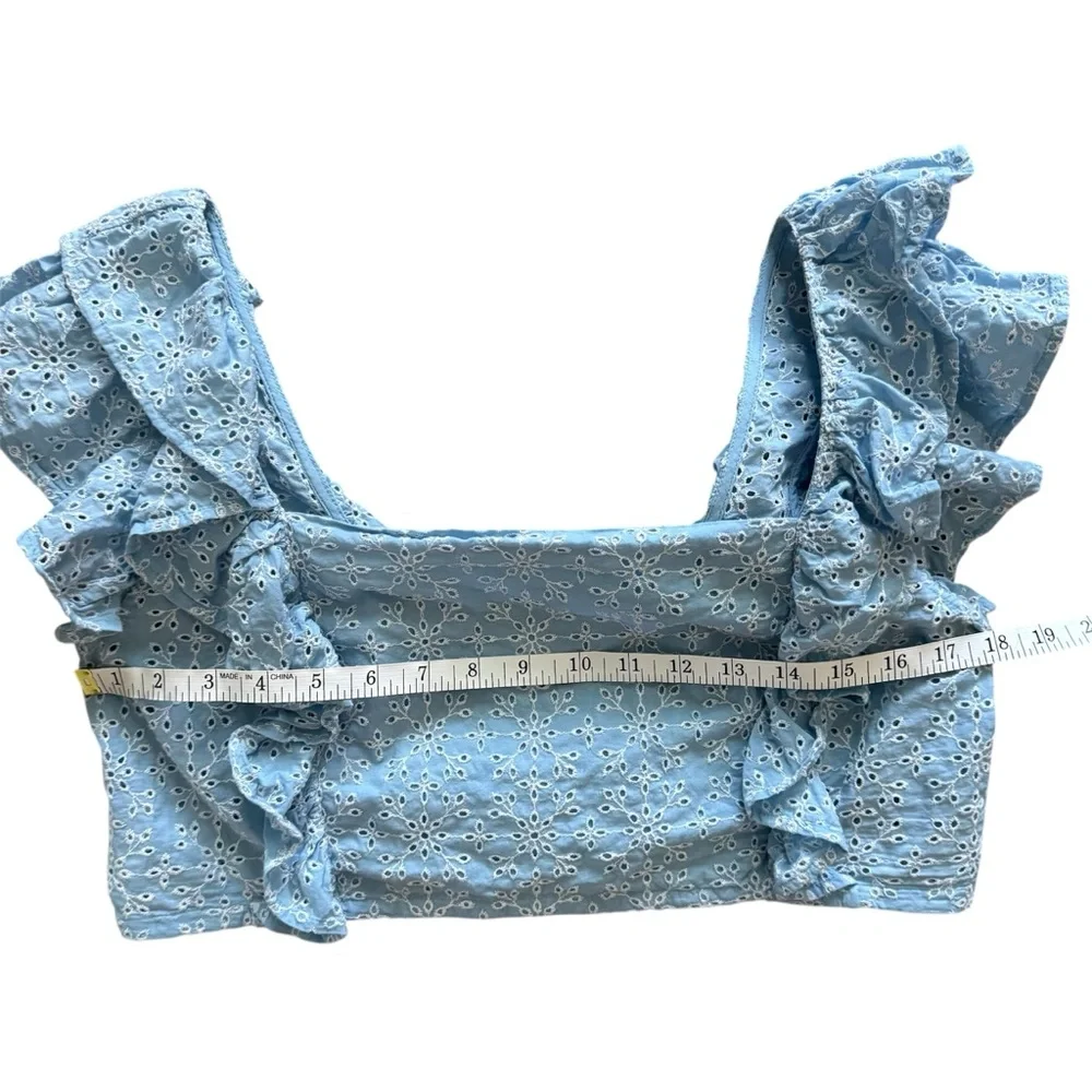 BCBGeneration Blue Eyelet Ruffle Crop Top Cottagecore Large - Picture 7 of 9